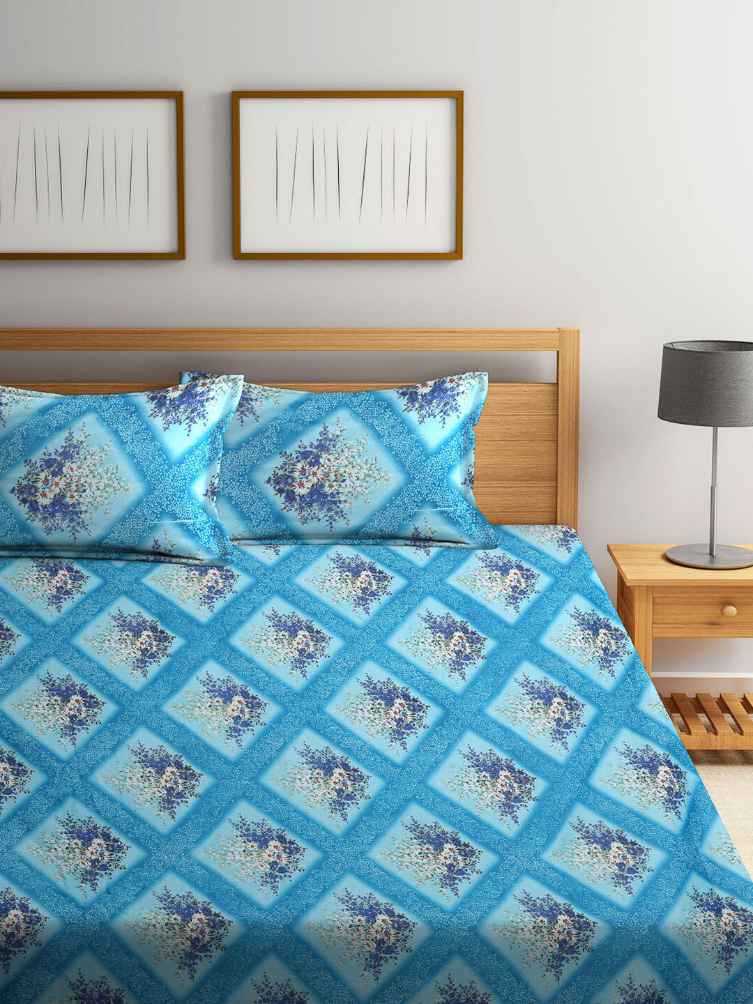 Blue floral cotton queen bedsheet, blue & white